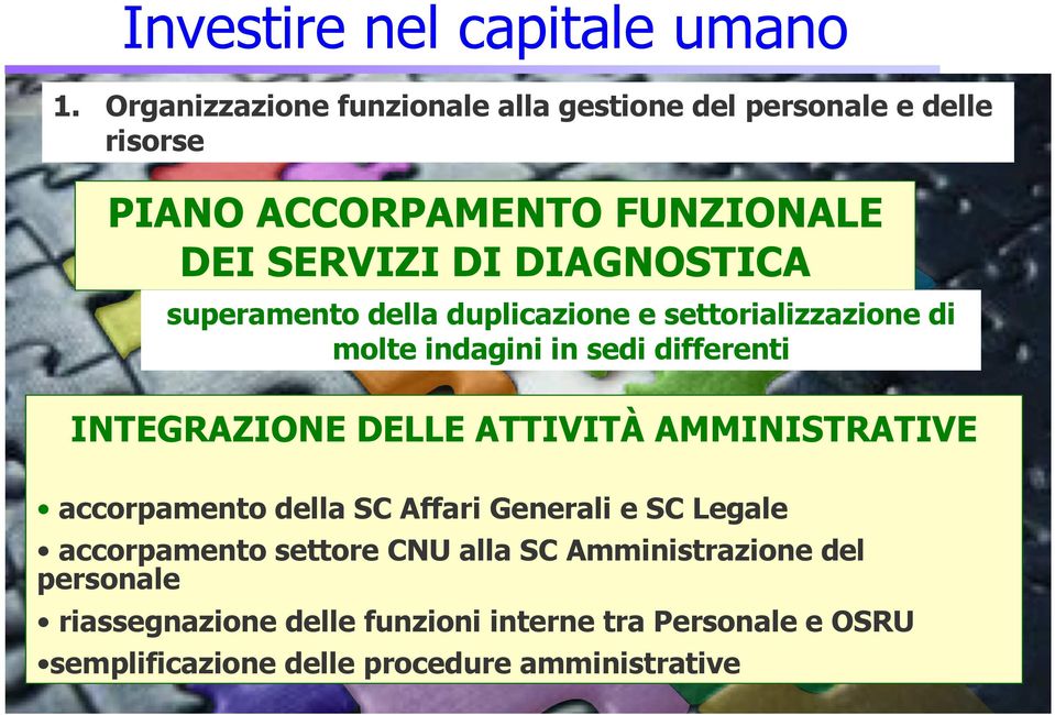 superamento della duplicazione e settorializzazione di molte indagini in sedi differenti INTEGRAZIONE DELLE ATTIVITÀ