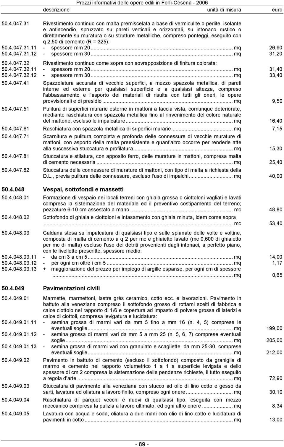 su strutture metalliche, compreso ponteggi, eseguito con q 2,50 di cemento (R = 325): 31.11 - spessore mm 20... mq 26,90 31.12 - spessore mm 30.