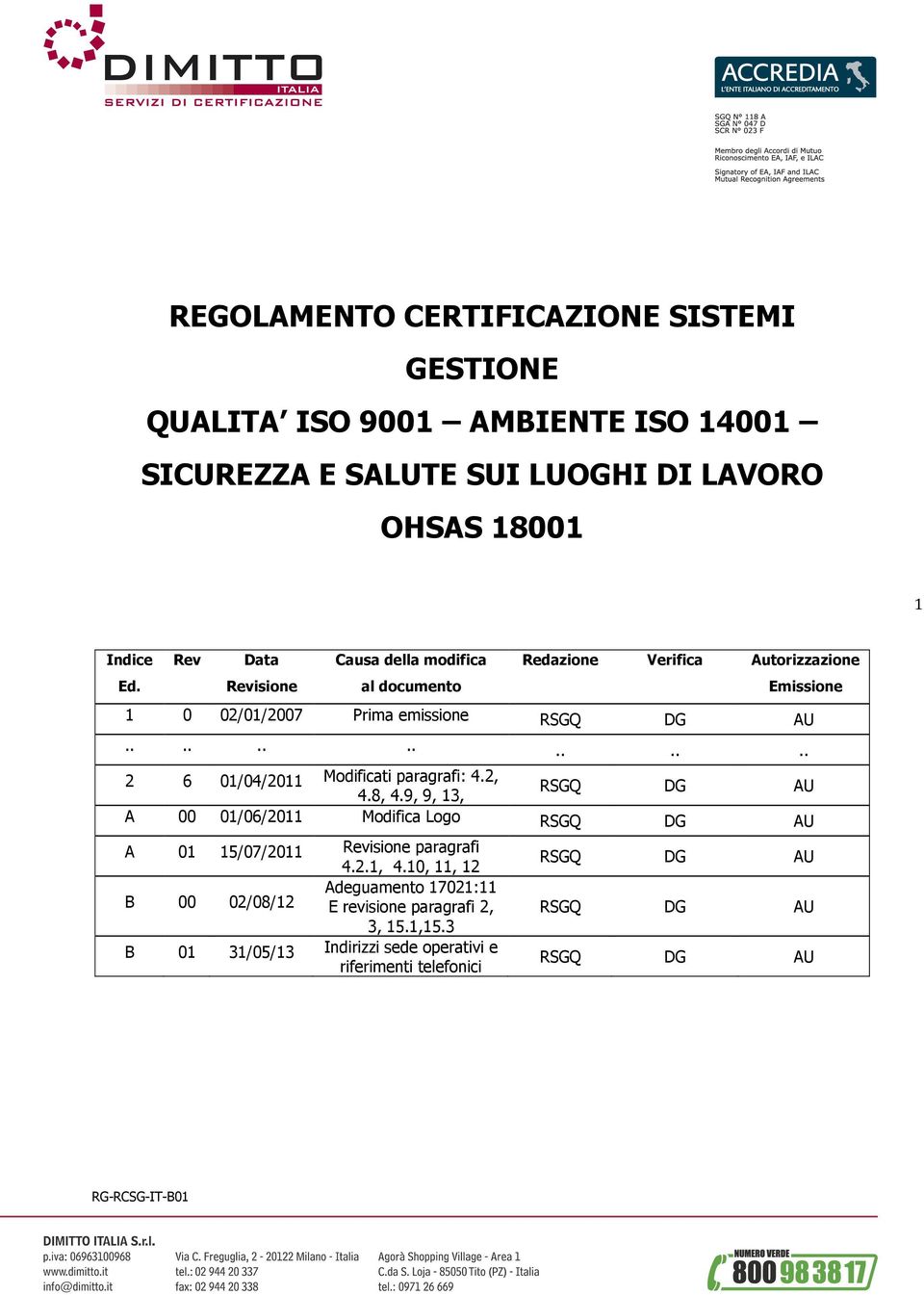 ............. 2 6 01/04/2011 Modificati paragrafi: 4.2, RSGQ DG AU 4.8, 4.