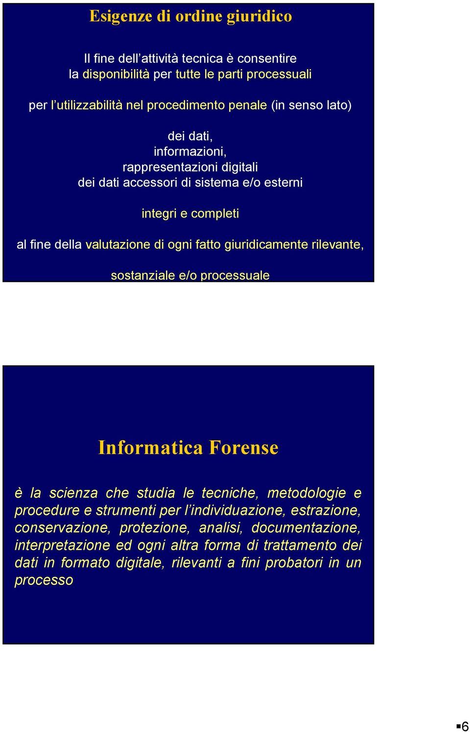 giuridicamente rilevante, sostanziale e/o processuale Informatica Forense è la scienza che studia le tecniche, metodologie e procedure e strumenti per l individuazione,