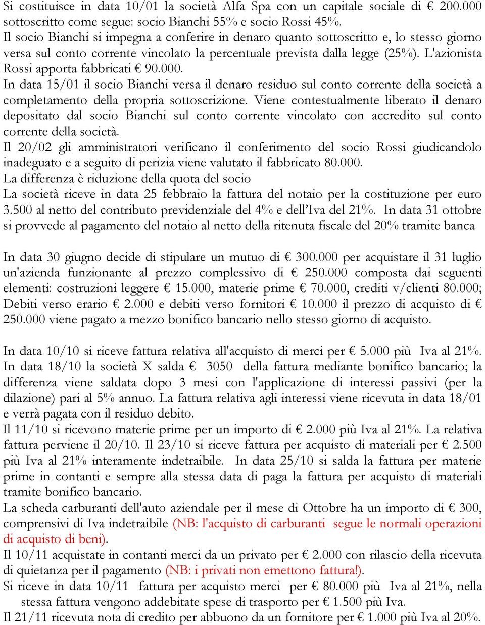 L'azionista Rossi apporta fabbricati 90.000. In data 15/01 il socio Bianchi versa il denaro residuo sul conto corrente della società a completamento della propria sottoscrizione.