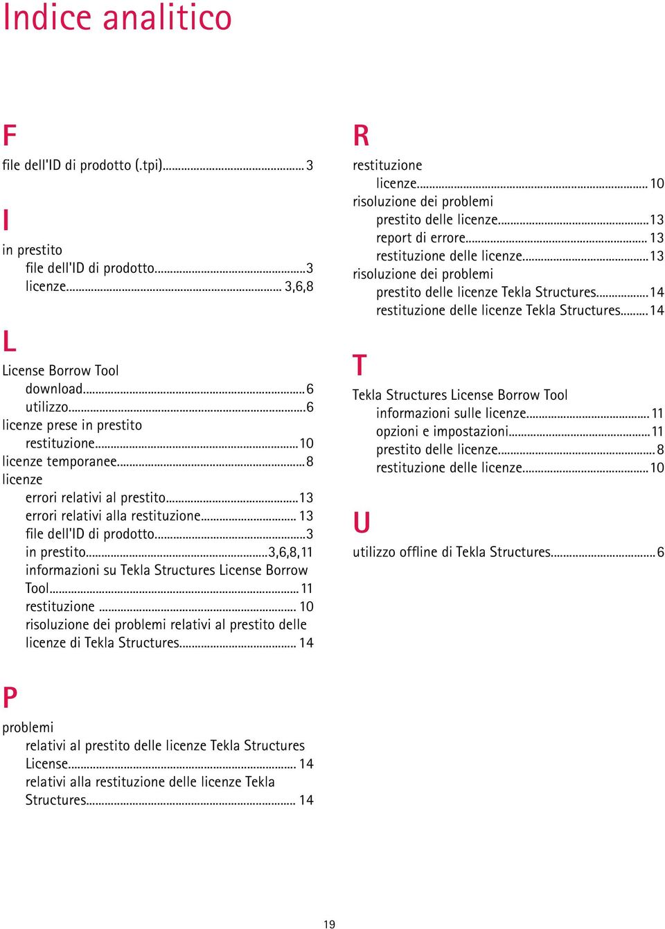 ..3,6,8,11 informazioni su Tekla Structures License Borrow Tool...11 restituzione... 10 risoluzione dei problemi relativi al prestito delle licenze di Tekla Structures... 14 R restituzione licenze.