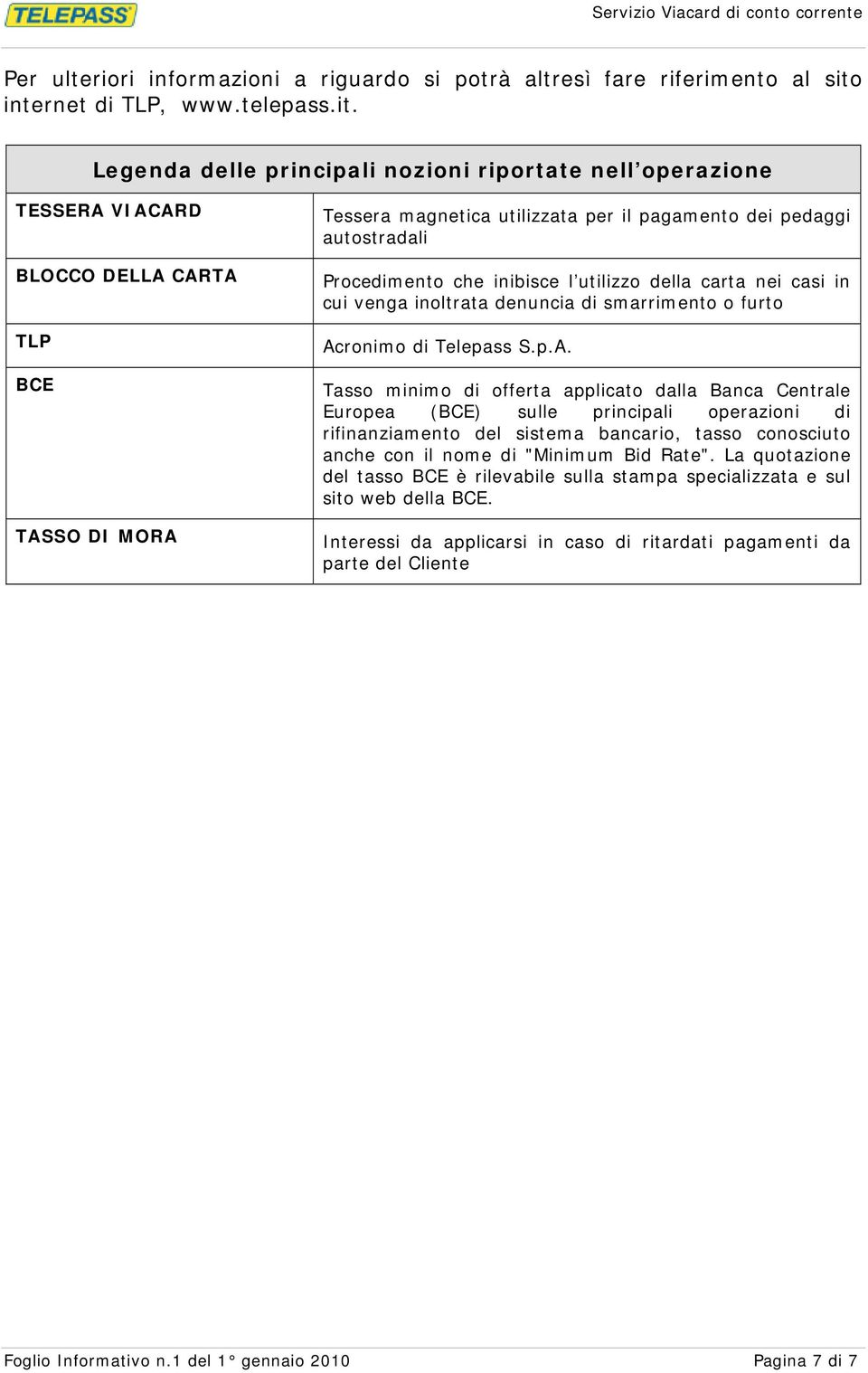 Legenda delle principali nozioni riportate nell operazione TESSERA VIACARD BLOCCO DELLA CARTA TLP BCE TASSO DI MORA Tessera magnetica utilizzata per il pagamento dei pedaggi autostradali Procedimento