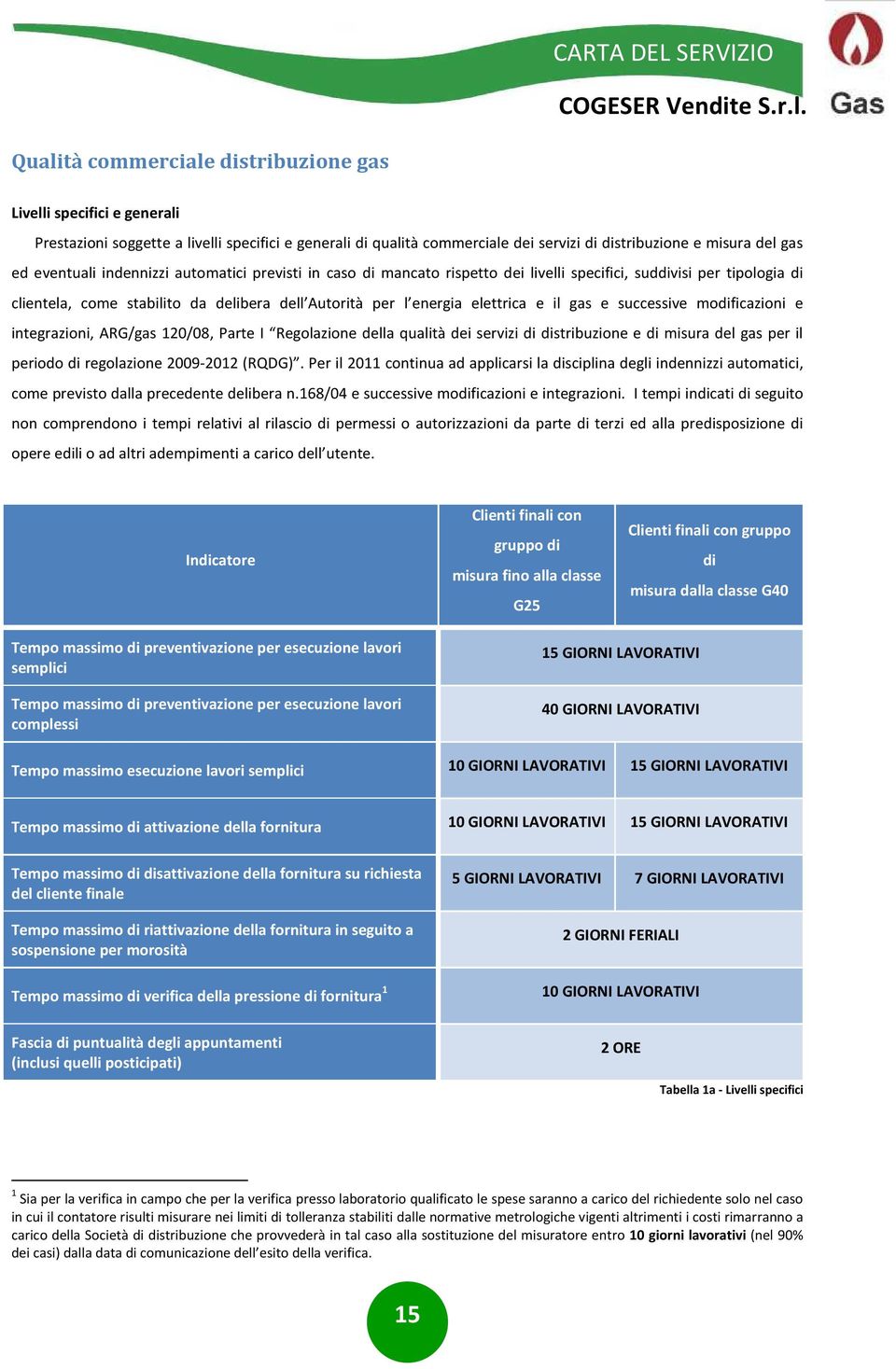 gas e successive modificazioni e integrazioni, ARG/gas 120/08, Parte I Regolazione della qualità dei servizi di distribuzione e di misura del gas per il periodo di regolazione 2009-2012 (RQDG).