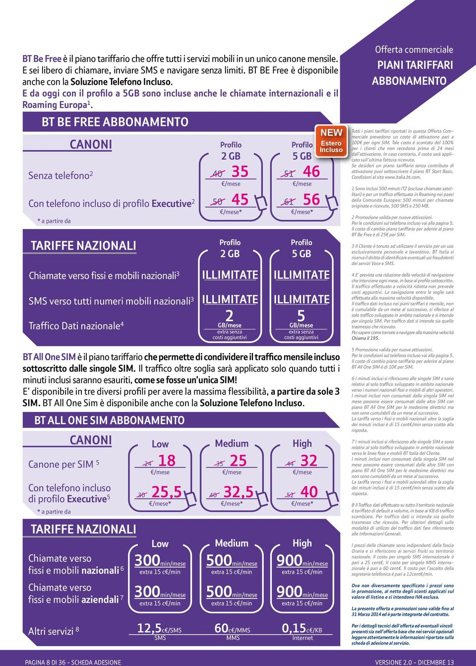 BT BE FREE ABBONAMENTO CANONI 2 GB Senza telefono 40 35 2 Con telefono incluso di profilo Executive 2 50 45 * * a partire da TARIFFE NAZIONALI Chiamate verso fissi e mobili nazionali 3 SMS verso