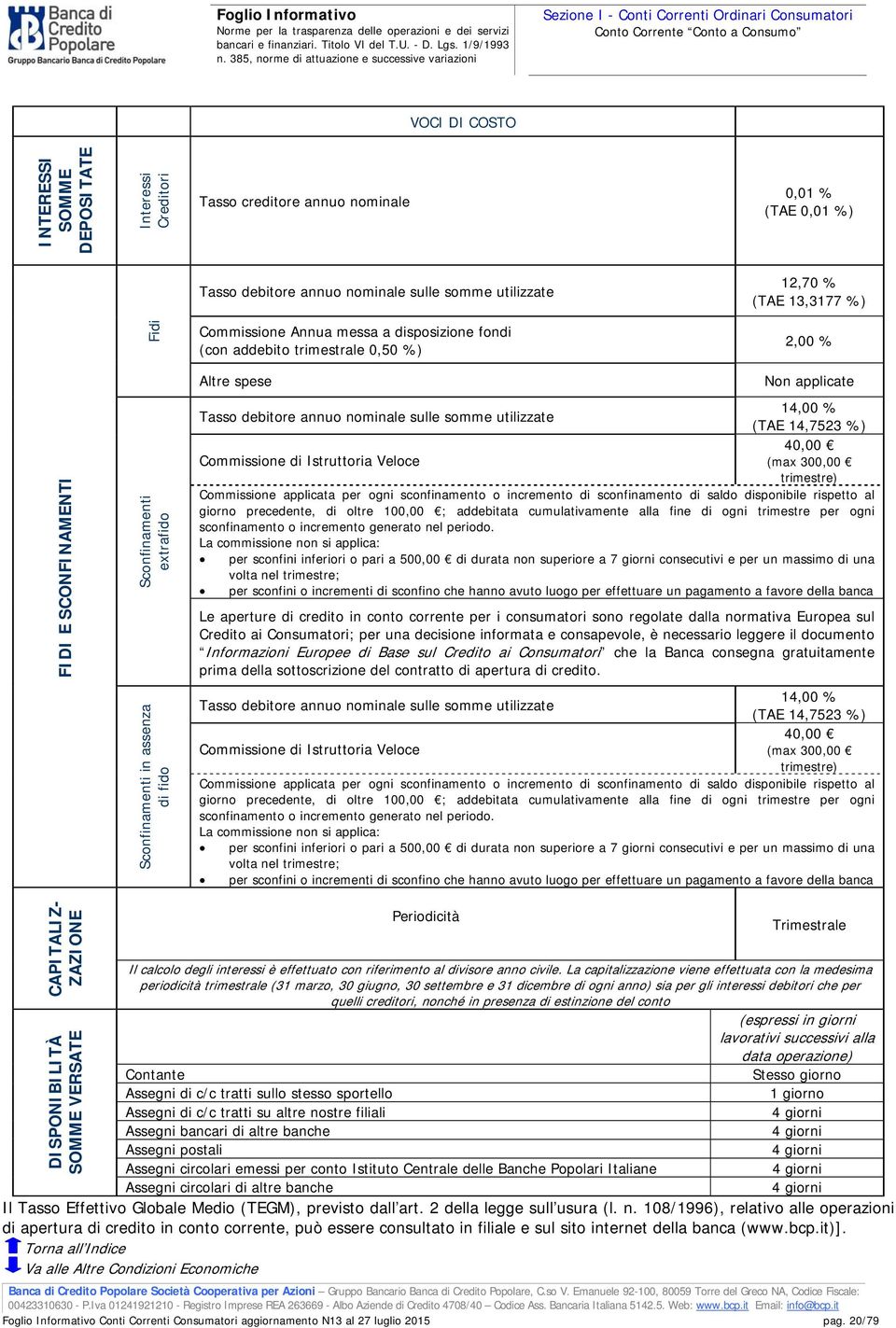 Non applicate 14,00 % (TAE 14,7523 %) 40,00 Commissione di Istruttoria Veloce (max 300,00 trimestre) Commissione applicata per ogni sconfinamento o incremento di sconfinamento di saldo disponibile