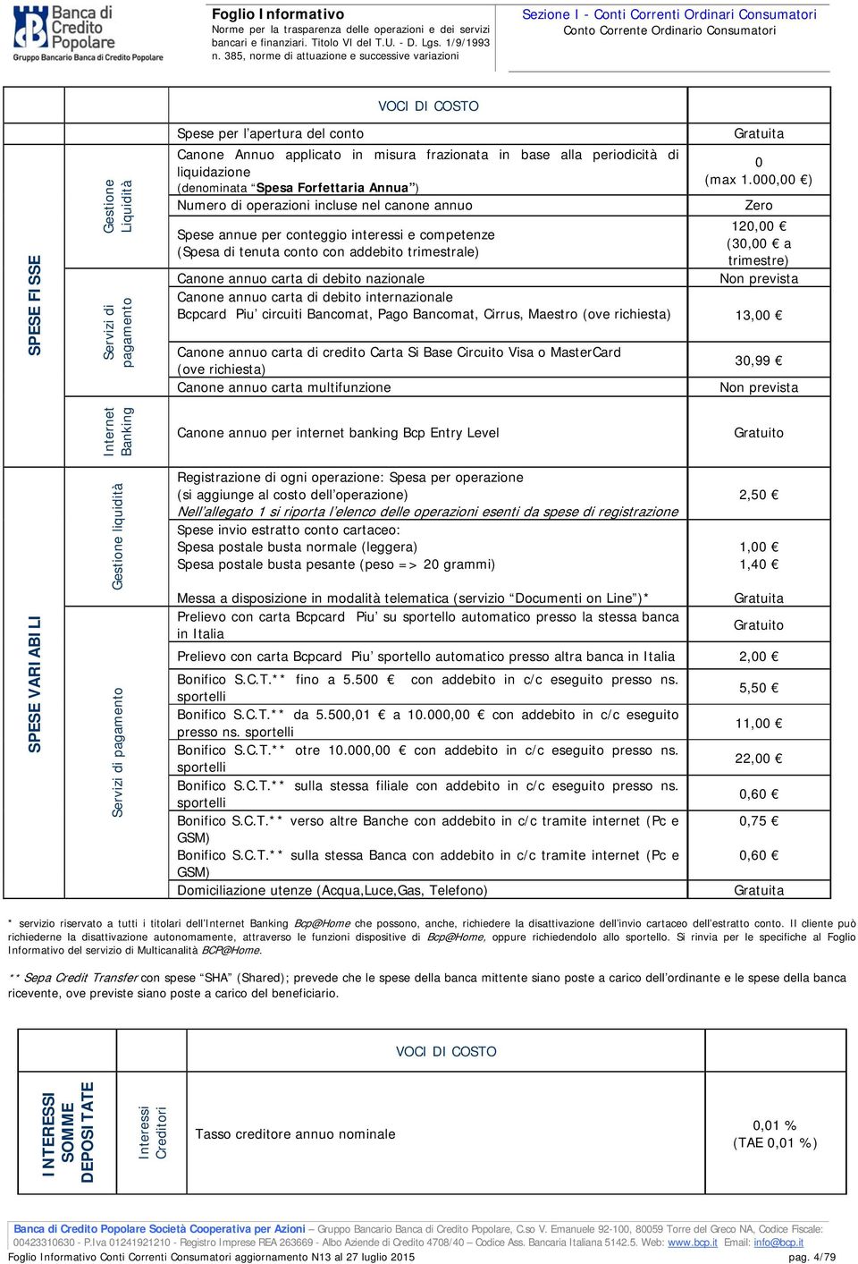 000,00 ) Zero 120,00 Spese annue per conteggio interessi e competenze (30,00 a (Spesa di tenuta conto con addebito trimestrale) trimestre) Canone annuo carta di debito nazionale Canone annuo carta di