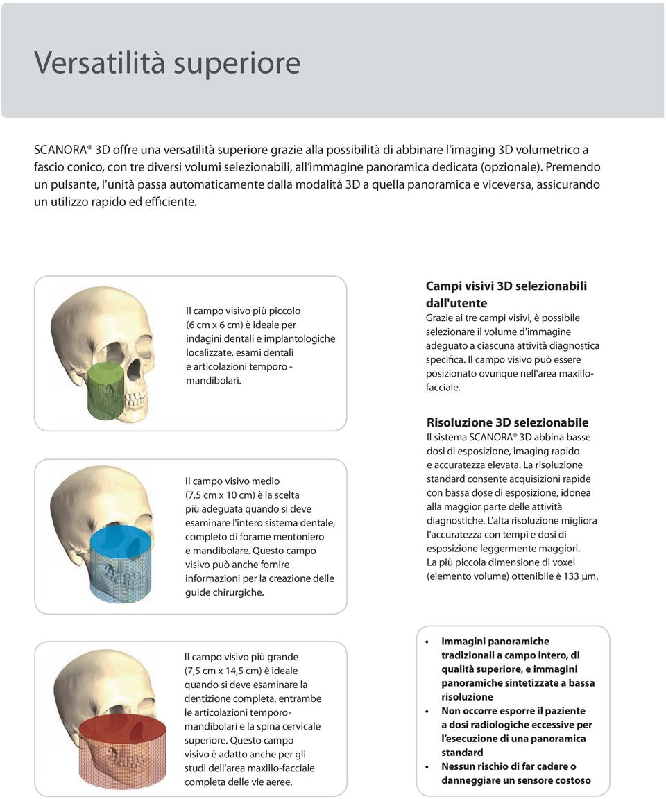 Il campo visivo più piccolo (6 cm x 6 cm) è ideale per indagini dentali e implantologiche localizzate, esami dentali e articolazioni temporo mandibolari.