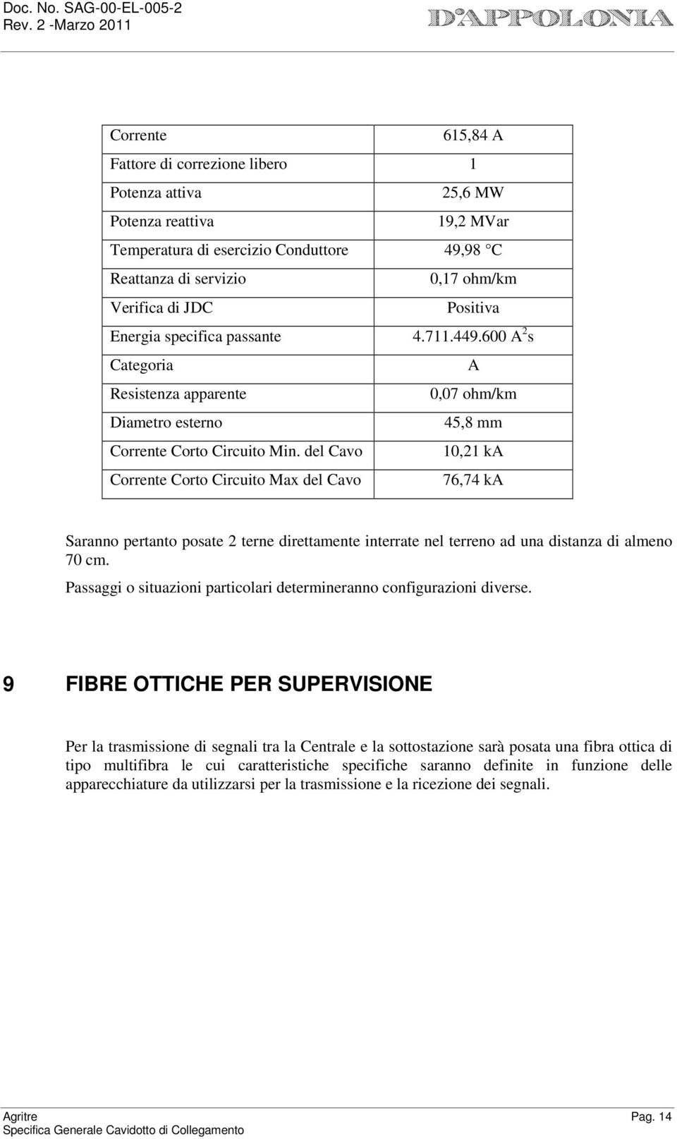 del Cavo 10,21 ka Corrente Corto Circuito Max del Cavo 76,74 ka Saranno pertanto posate 2 terne direttamente interrate nel terreno ad una distanza di almeno 70 cm.