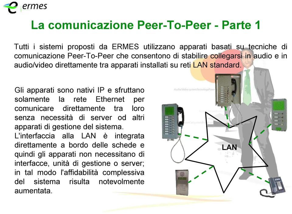 Gli apparati sono nativi IP e sfruttano solamente la rete Ethernet per comunicare direttamente tra loro senza necessità di server od altri apparati di gestione del