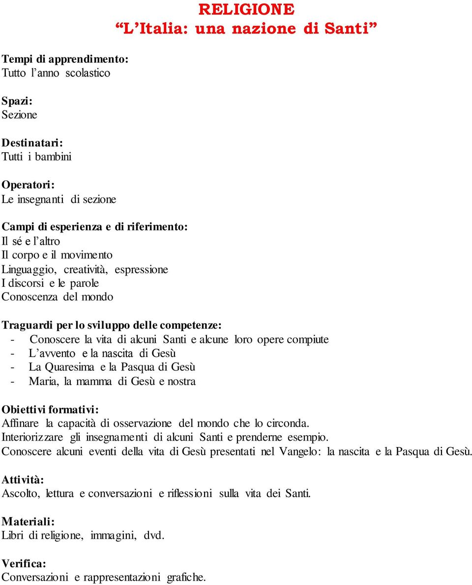 formativi: Affinare la capacità di osservazione del mondo che lo circonda. Interiorizzare gli insegnamenti di alcuni Santi e prenderne esempio.