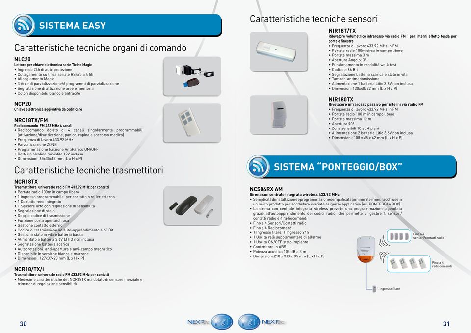 codificare NRC18TX/FM Radiocomando FM 433 MHz 4 canali Radiocomando dotato di 4 canali singolarmente programmabili (attivazione/disattivazione, panico, rapina e soccorso medico) Frequenza di lavoro