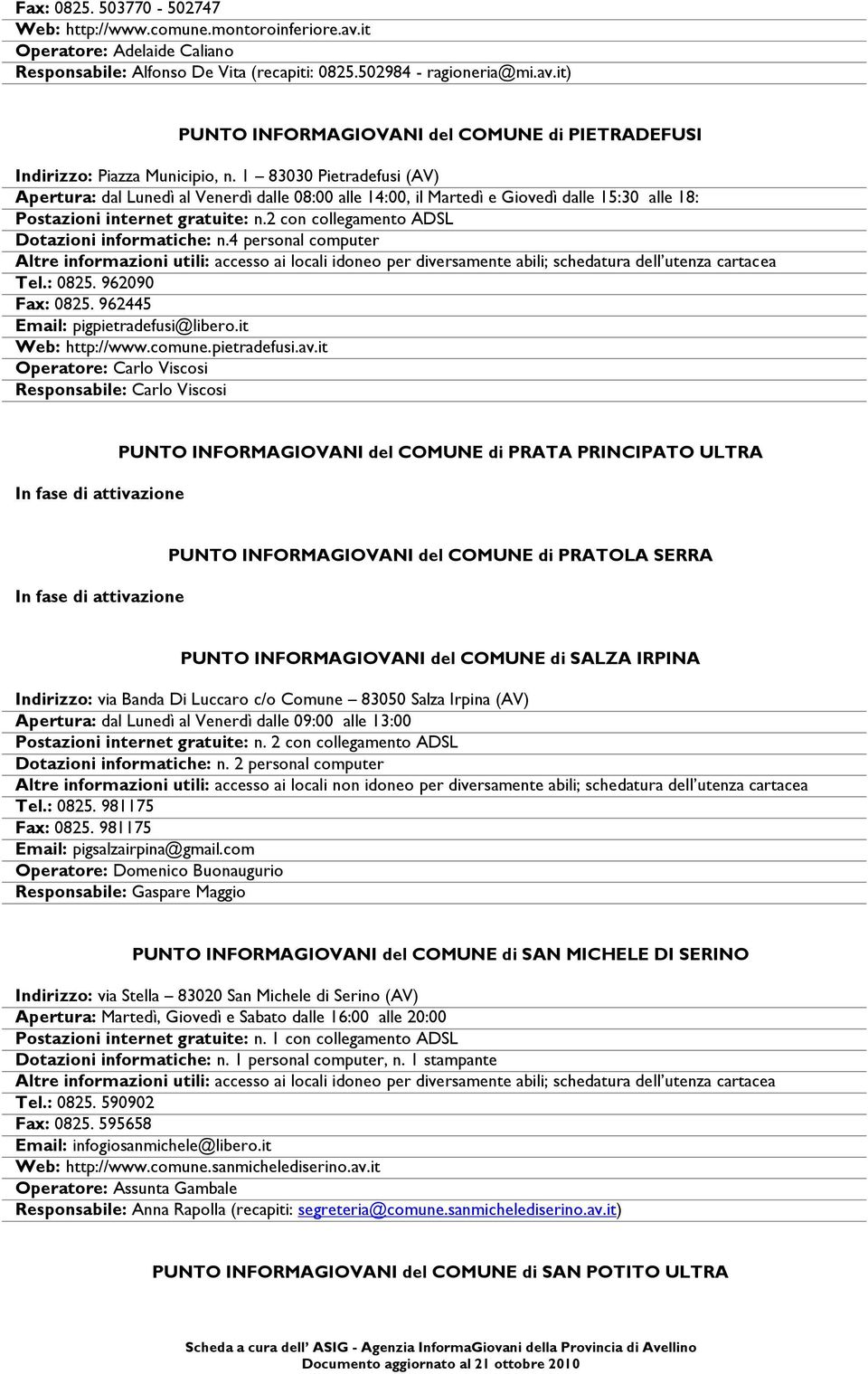 2 con collegamento ADSL Dotazioni informatiche: n.4 personal computer Tel.: 0825. 962090 Fax: 0825. 962445 Email: pigpietradefusi@libero.it Web: http://www.comune.pietradefusi.av.