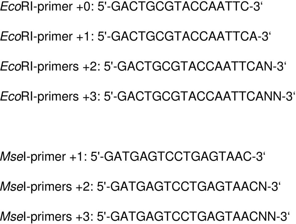 EcoRI-primers +3: 5'-GACTGCGTACCAATTCANN-3 MseI-primer +1: