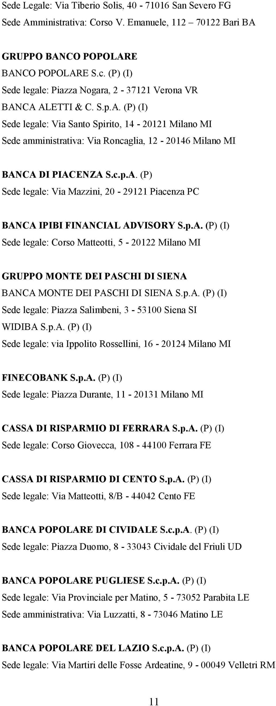 c.p.A. (P) Sede legale: Via Mazzini, 20-29121 Piacenza PC BANCA IPIBI FINANCIAL ADVISORY S.p.A. (P) (I) Sede legale: Corso Matteotti, 5-20122 Milano MI GRUPPO MONTE DEI PASCHI DI SIENA BANCA MONTE DEI PASCHI DI SIENA S.