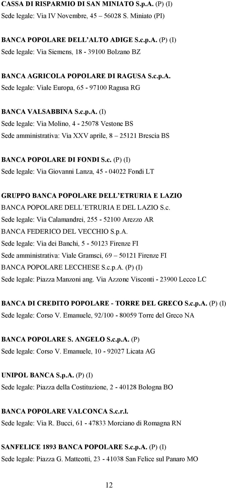 c. (P) (I) Sede legale: Via Giovanni Lanza, 45-04022 Fondi LT GRUPPO BANCA POPOLARE DELL ETRURIA E LAZIO BANCA POPOLARE DELL ETRURIA E DEL LAZIO S.c. Sede legale: Via Calamandrei, 255-52100 Arezzo AR BANCA FEDERICO DEL VECCHIO S.