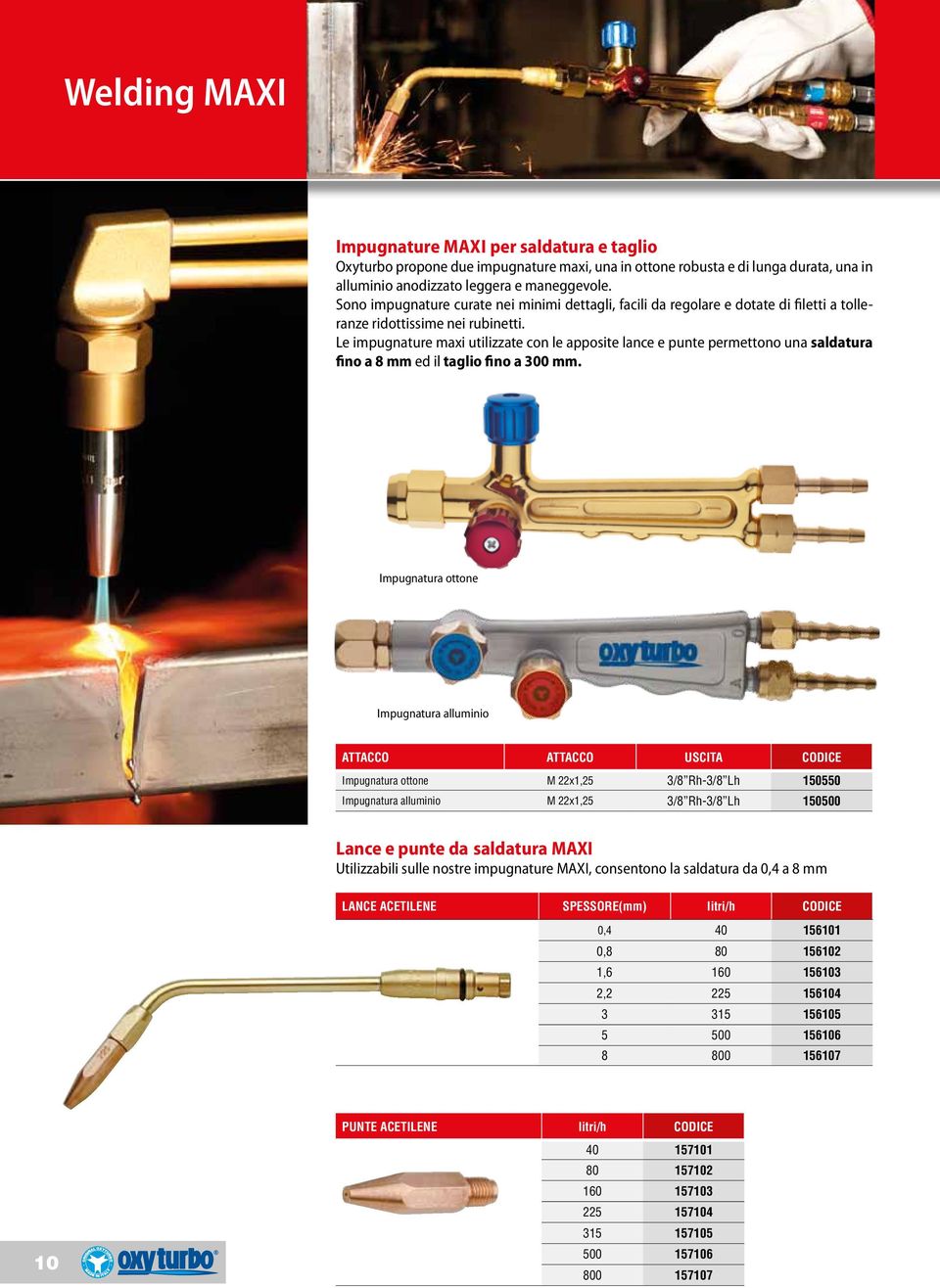 Le impugnature maxi utilizzate con le apposite lance e punte permettono una saldatura fino a 8 mm ed il taglio fino a 300 mm.