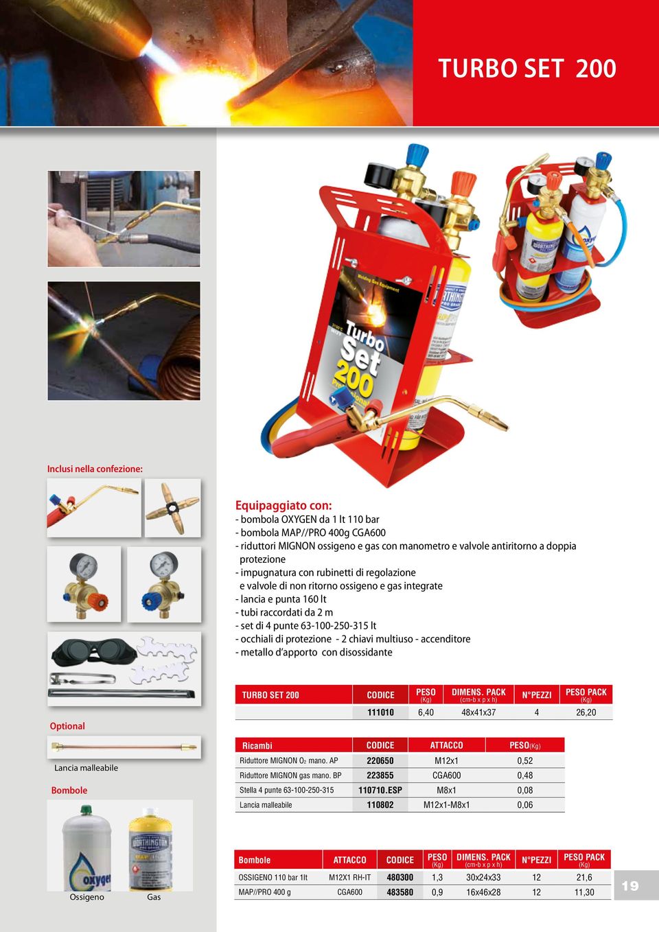 occhiali di protezione - 2 chiavi multiuso - accenditore - metallo d apporto con disossidante Optional TURBO SET 200 CODICE PESO DIMENS.