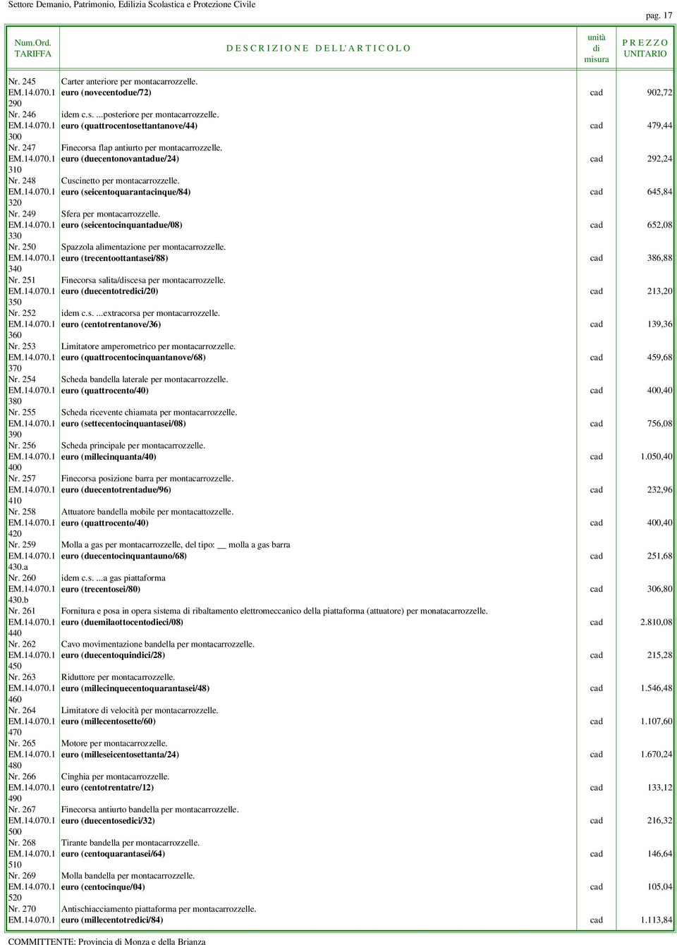249 Sfera per montacarrozzelle. EM.14.070.1 euro (seicentocinquantadue/08) cad 652,08 330 Nr. 250 Spazzola alimentazione per montacarrozzelle. EM.14.070.1 euro (trecentoottantasei/88) cad 386,88 340 Nr.