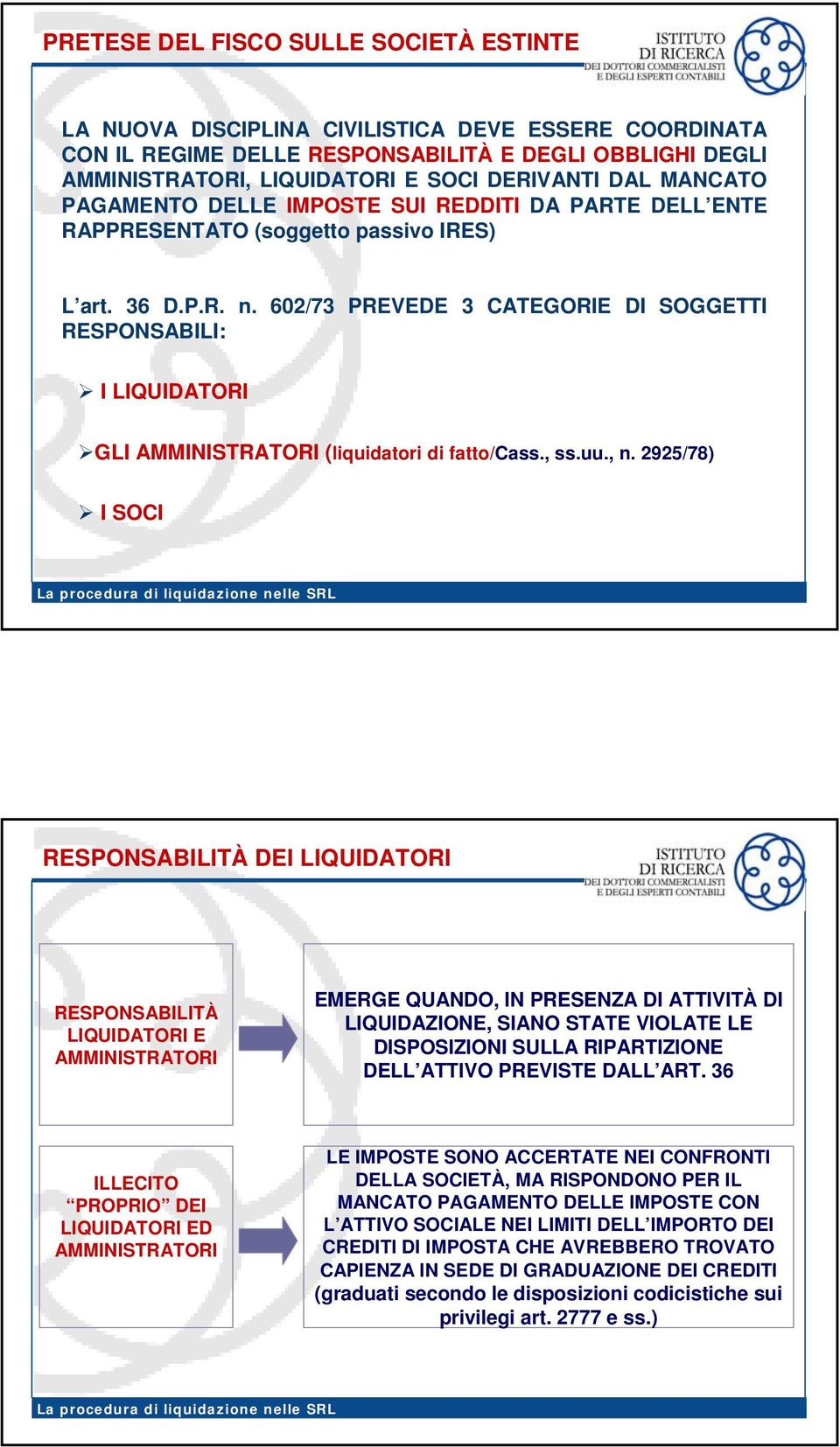 uu., n. 2925/78) I SOCI DEI LIQUIDATORI LIQUIDATORI E EMERGE QUANDO, IN PRESENZA DI ATTIVITÀ DI LIQUIDAZIONE, SIANO STATE VIOLATE LE DISPOSIZIONI SULLA RIPARTIZIONE DELL ATTIVO PREVISTE DALL ART.