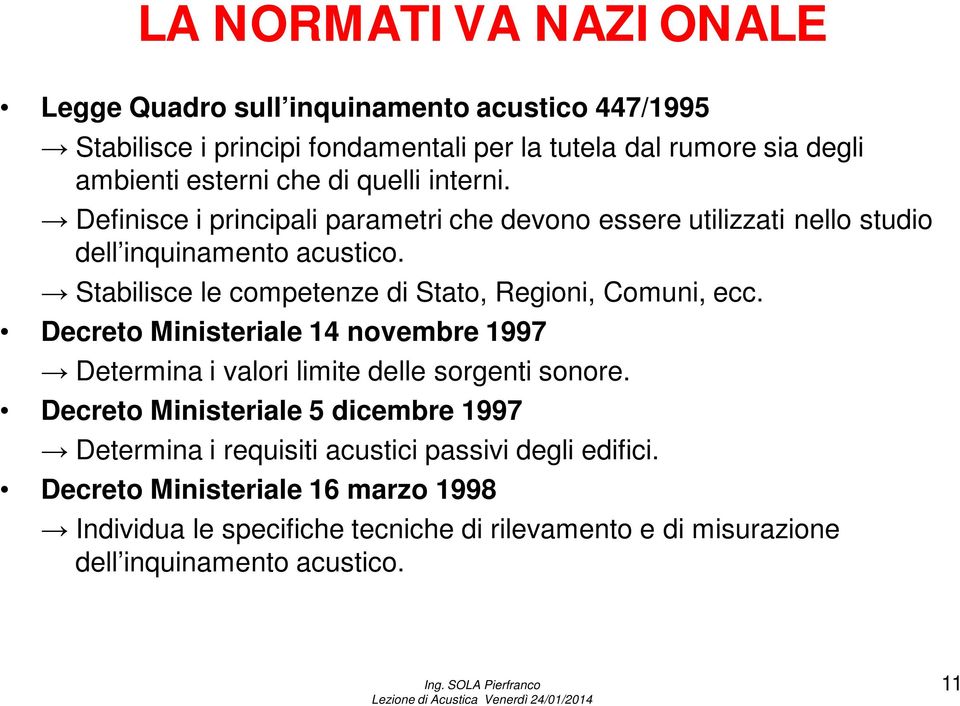 Stabilisce le competenze di Stato, Regioni, Comuni, ecc. Decreto Ministeriale 14 novembre 1997 Determina i valori limite delle sorgenti sonore.