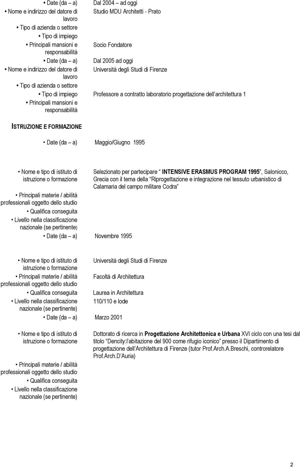 architettura 1 Principali mansioni e responsabilità ISTRUZIONE E FORMAZIONE Date (da a) Maggio/Giugno 1995 Nome e tipo di istituto di istruzione o formazione Principali materie / abilità