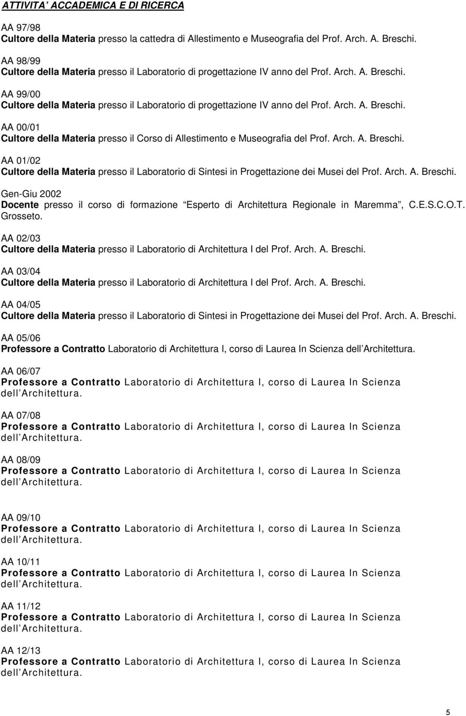 Arch. A. Breschi. AA 01/02 Cultore della Materia presso il Laboratorio di Sintesi in Progettazione dei Musei del Prof. Arch. A. Breschi. Gen-Giu 2002 Docente presso il corso di formazione Esperto di Architettura Regionale in Maremma, C.