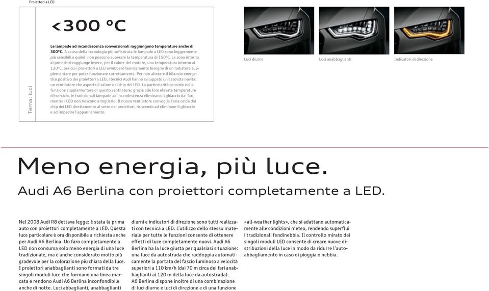 La zona intorno ai proiettori raggiunge invece, per il calore del motore, una temperatura intorno ai 120 C, per cui i proiettori a LED avrebbero teoricamente bisogno di un radiatore supplementare per