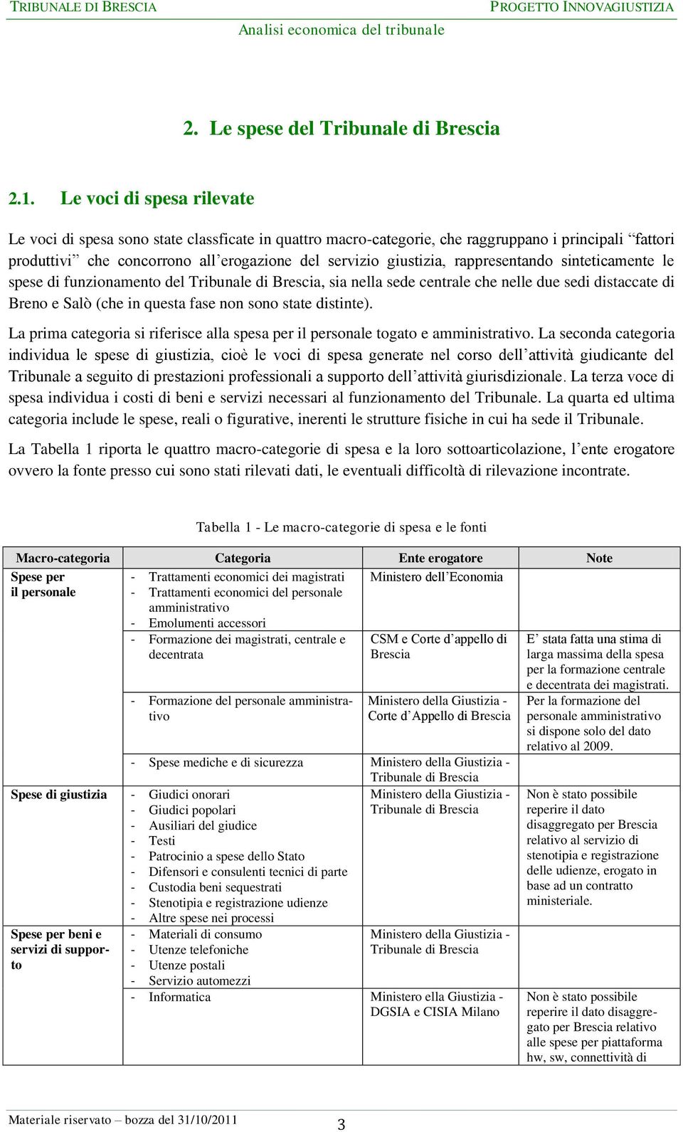 rappresentando sinteticamente le spese di funzionamento del Tribunale di Brescia, sia nella sede centrale che nelle due sedi distaccate di Breno e Salò (che in questa fase non sono state distinte).