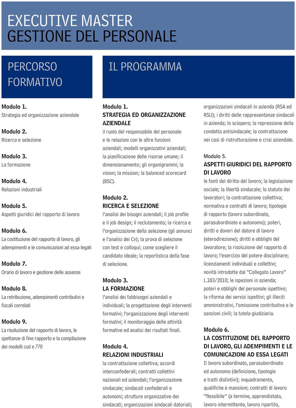 Orario di lavoro e gestione delle assenze Modulo 8. La retribuzione, adempimenti contributivi e fiscali correlati Modulo 9.