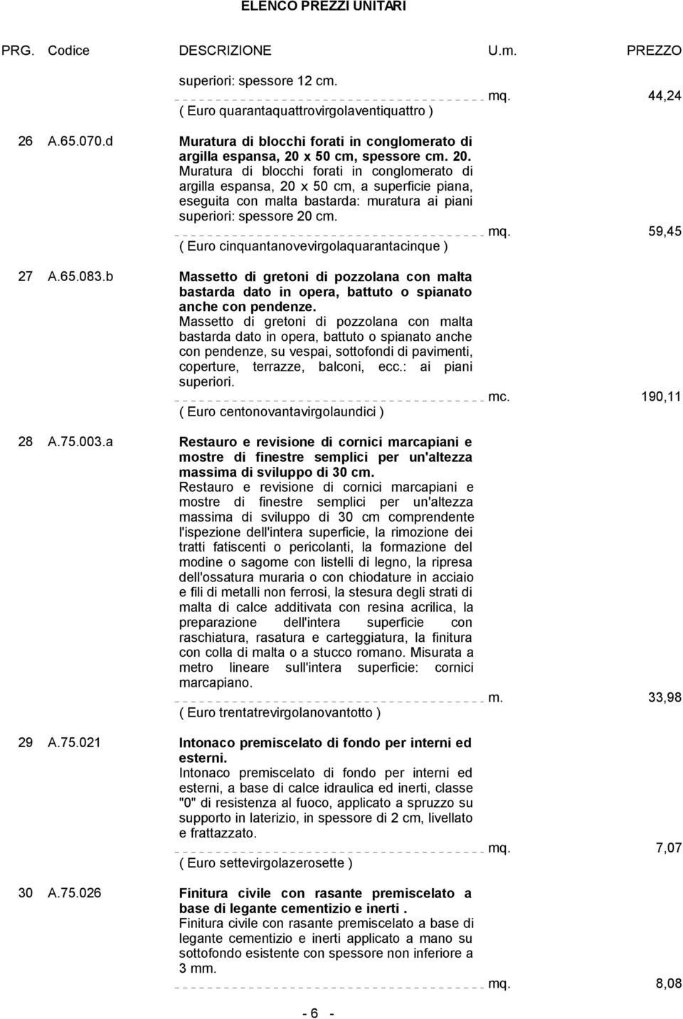 ( Euro cinquantanovevirgolaquarantacinque ) 27 A.65.083.b Massetto di gretoni di pozzolana con malta bastarda dato in opera, battuto o spianato anche con pendenze.