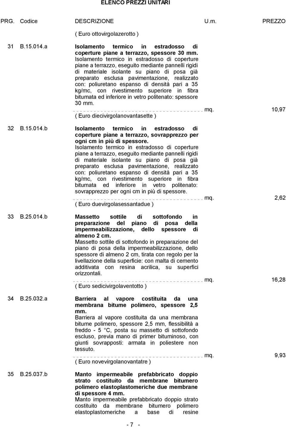 poliuretano espanso di densità pari a 35 kg/mc, con rivestimento superiore in fibra bitumata ed inferiore in vetro politenato: spessore 30 mm. ( Euro diecivirgolanovantasette ) 32 B.15.014.