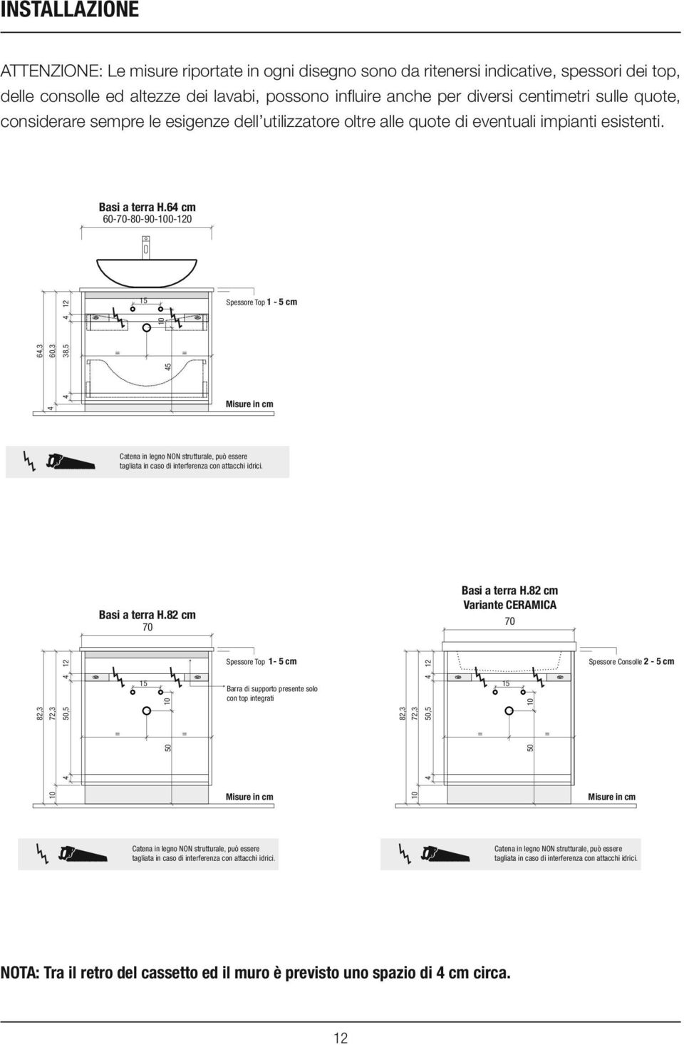 64 cm 60-70-80-90-100-120 12 15 Spessore Top 1-5 cm 64,3 60,3 38,5 4 10 = = 4 4 45 Misure in cm Catena in legno NON strutturale, può essere tagliata in caso di interferenza con attacchi idrici.