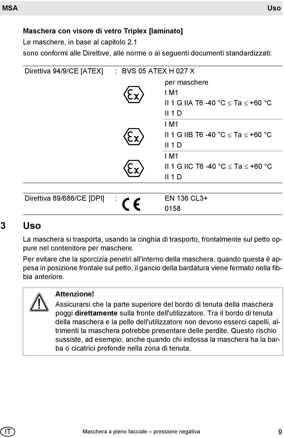 T6-40 C Ta +60 C II 1 D I M1 II 1 G IIC T6-40 C Ta +60 C II 1 D 3 Uso Direttiva 89/686/CE [DPI] : EN 136 CL3+ 0158 La maschera si trasporta, usando la cinghia di trasporto, frontalmente sul petto