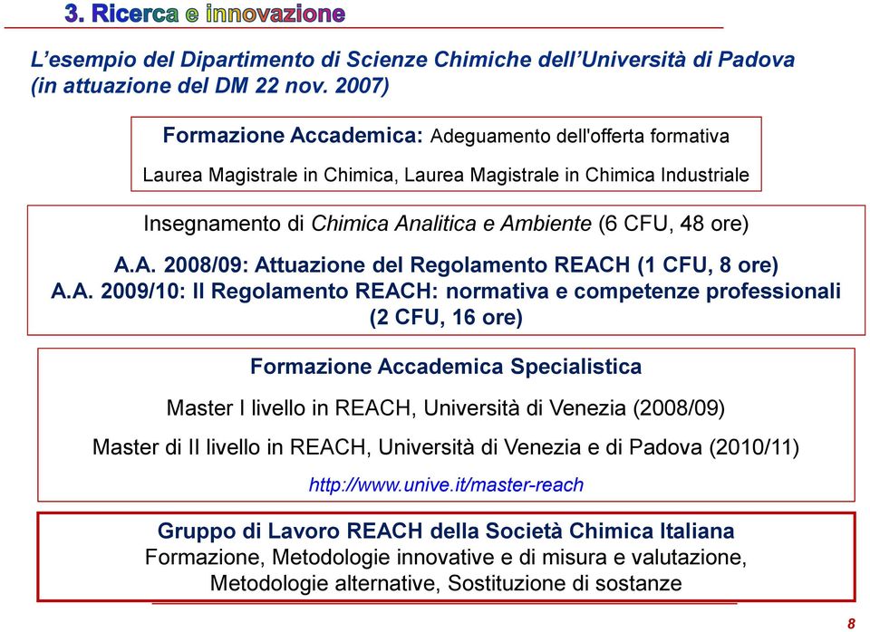 A. 2009/10: Il Regolamento REACH: normativa e competenze professionali ) (2 CFU, 16 ore) Formazione Accademica Specialistica Master I livello in REACH, Università di Venezia (2008/09) Master di II