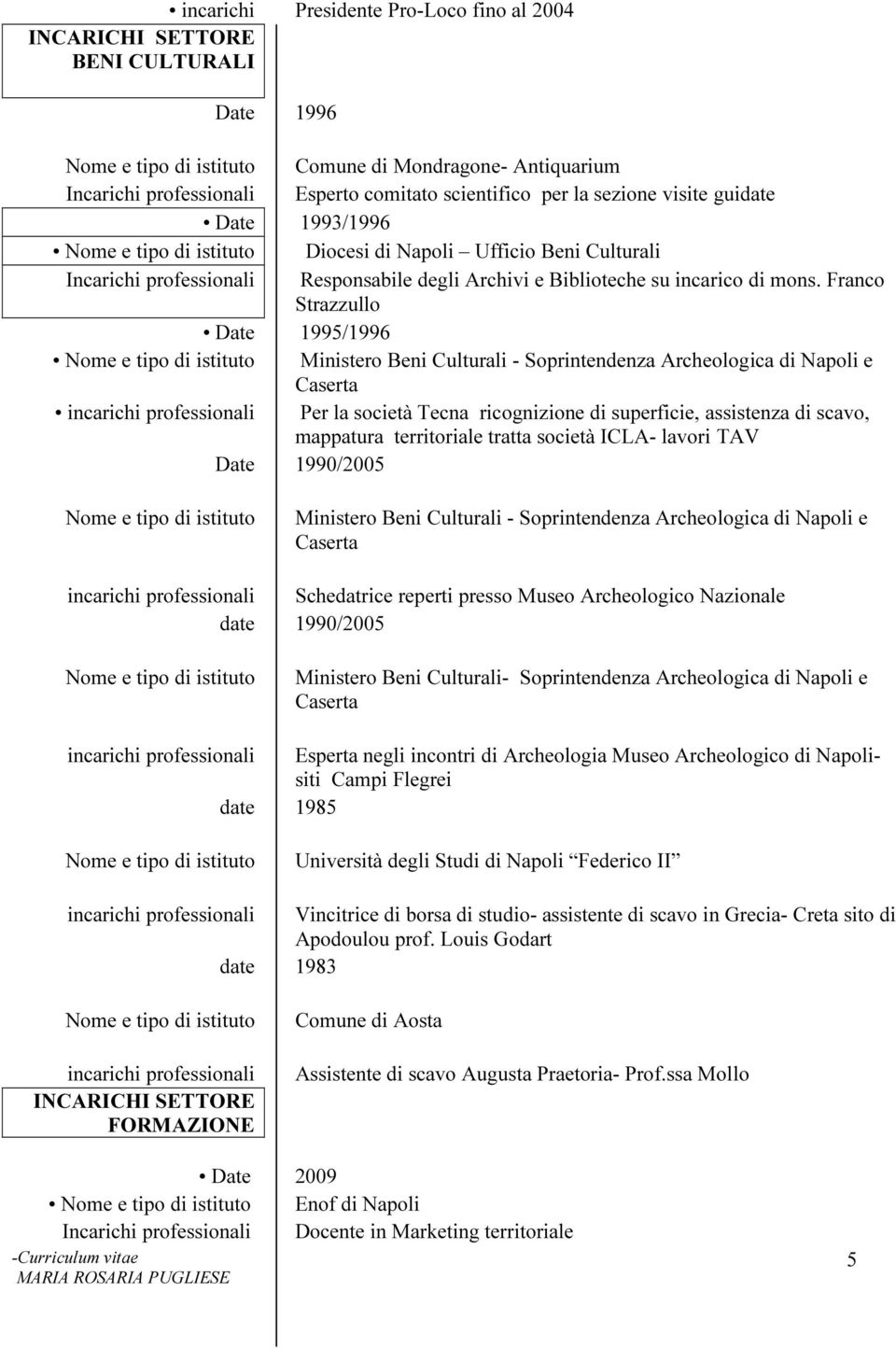 Franco Strazzullo Date 1995/1996 Ministero Beni Culturali - Soprintendenza Archeologica di Napoli e Caserta incarichi professionali Per la società Tecna ricognizione di superficie, assistenza di