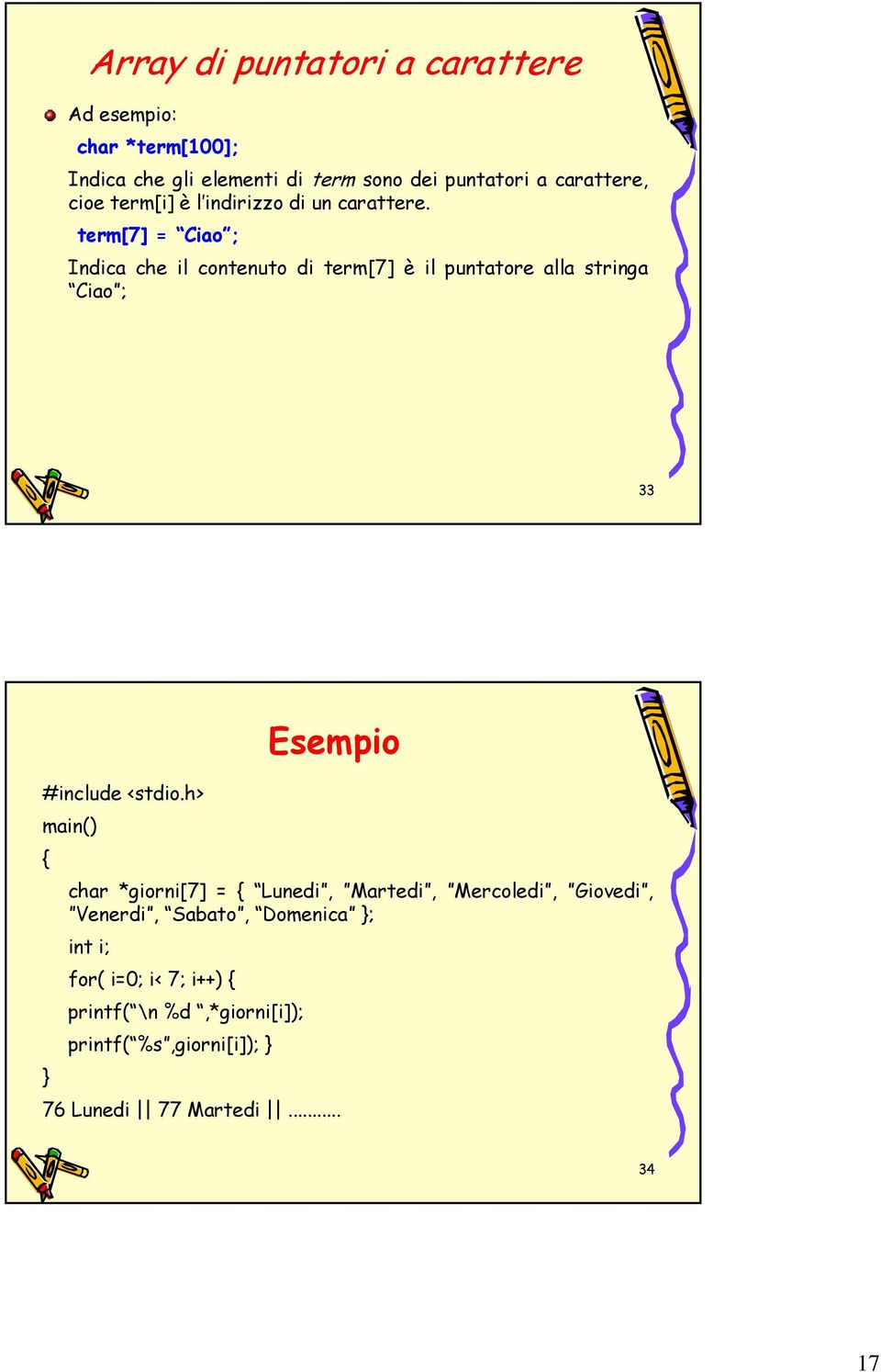 term[7] = Ciao ; Indica che il contenuto di term[7] è il puntatore alla stringa Ciao ; 33 Esempio #include <stdio.