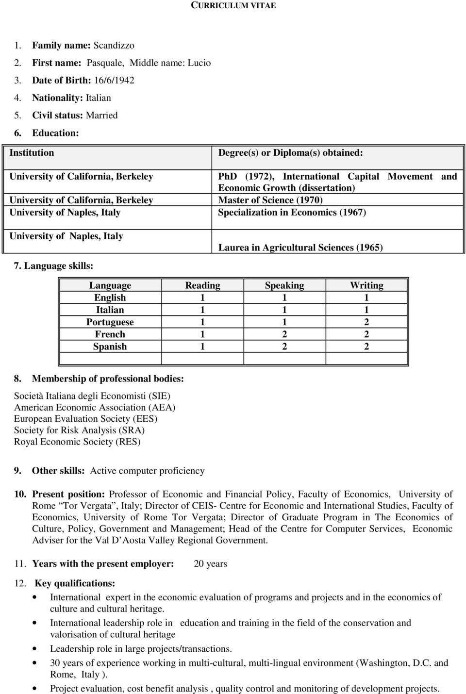 Berkeley Master of Science (1970) University of Naples, Italy Specialization in Economics (1967) University of Naples, Italy 7.