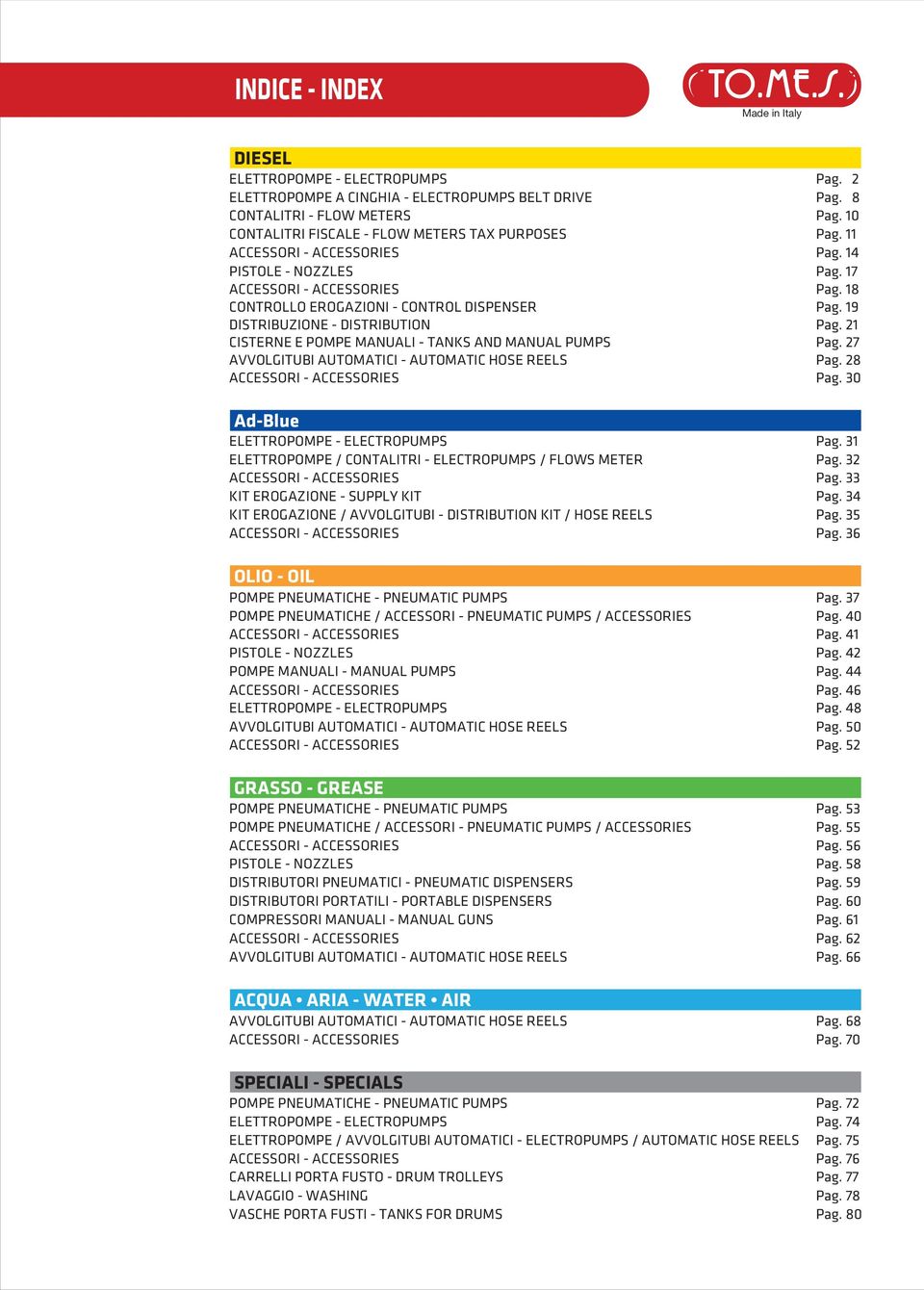 21 CISTERNE E POMPE MANUALI - TANKS AND MANUAL PUMPS Pag. 27 AVVOLGITUBI AUTOMATICI - AUTOMATIC HOSE REELS Pag. 28 ACCESSORI - ACCESSORIES Pag. 30 Ad-Blue ELETTROPOMPE - ELECTROPUMPS Pag.