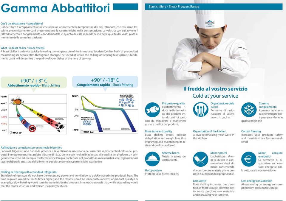 La velocità con cui avviene il raffreddamento o congelamento è fondamentale in quanto da essa dipende l esito della qualità dei vostri piatti al momento della somministrazione.