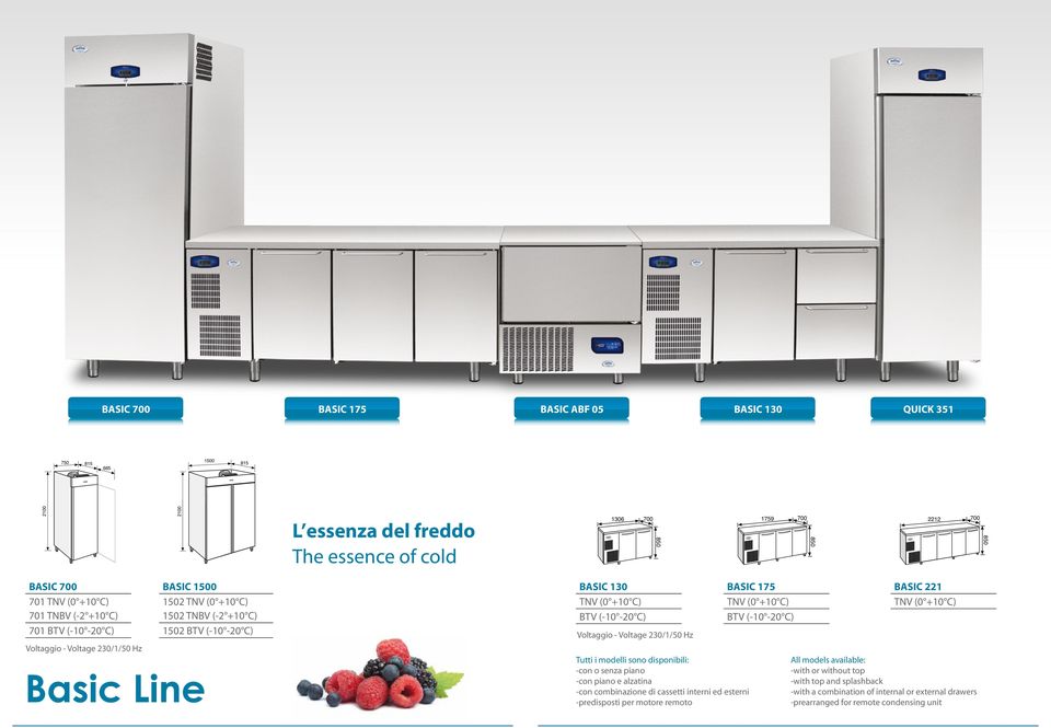 i modelli sono disponibili: -con o senza piano -con piano e alzatina -con combinazione di cassetti interni ed esterni -predisposti per motore remoto BASIC 175 TNV (0 +10 C) BTV (-10-20