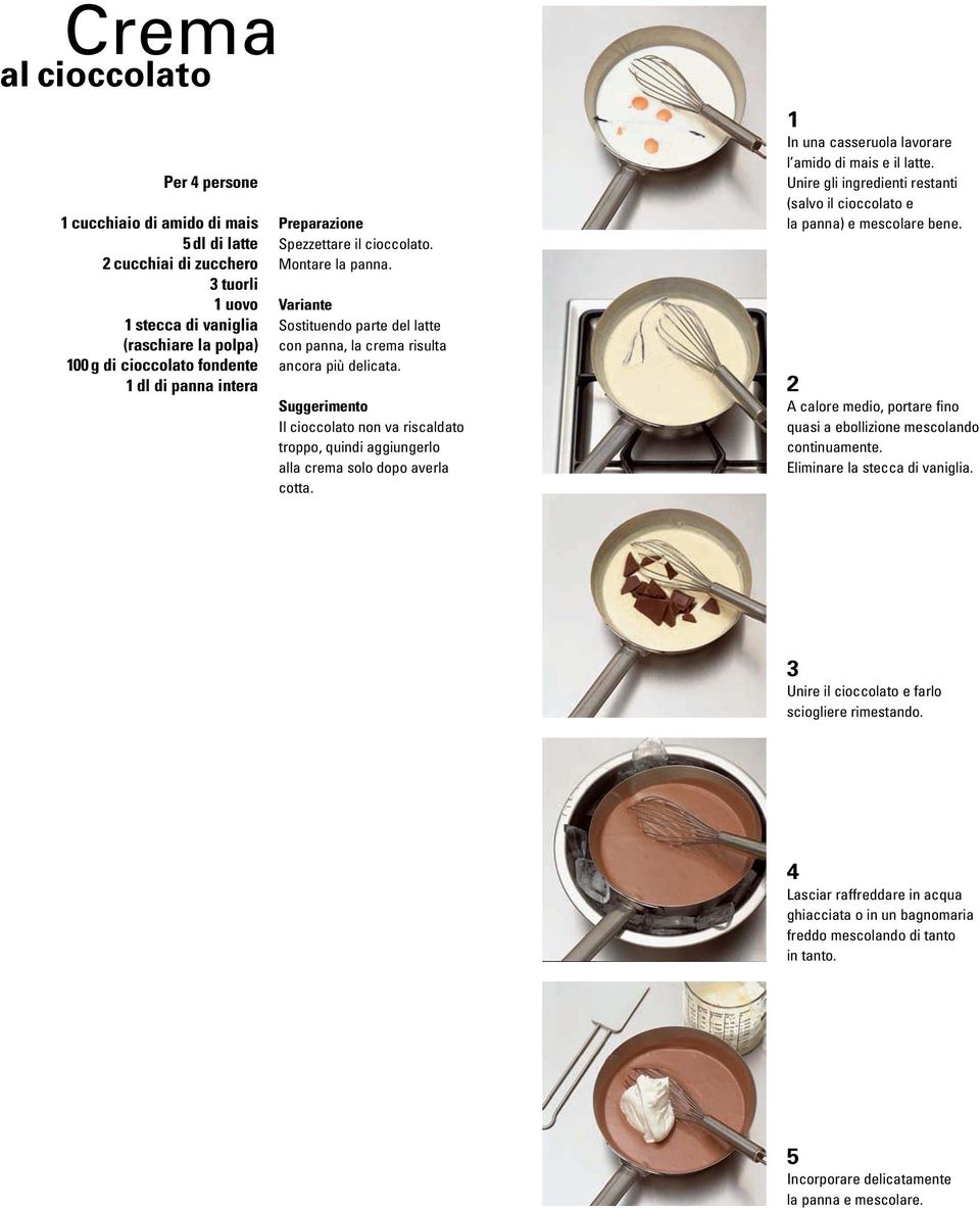 Suggerimento Il cioccolato non va riscaldato troppo, quindi aggiungerlo alla crema solo dopo averla cotta. 1 In una casseruola lavorare l amido di mais e il latte.