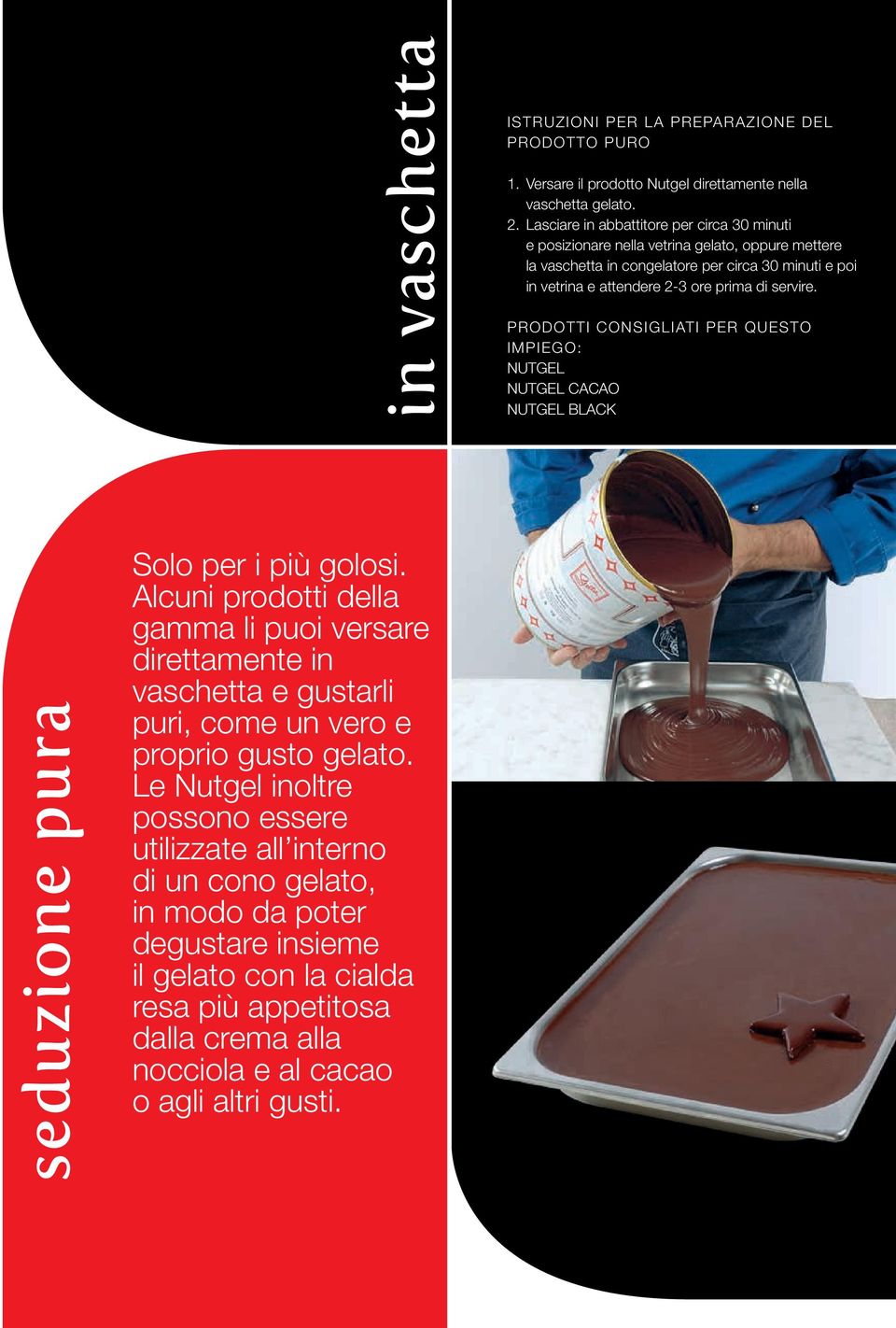 servire. PRODOTTI CONSIGLIATI PER QUESTO IMPIEGO: NUTGEL NUTGEL CACAO NUTGEL BLACK seduzione pura Solo per i più golosi.