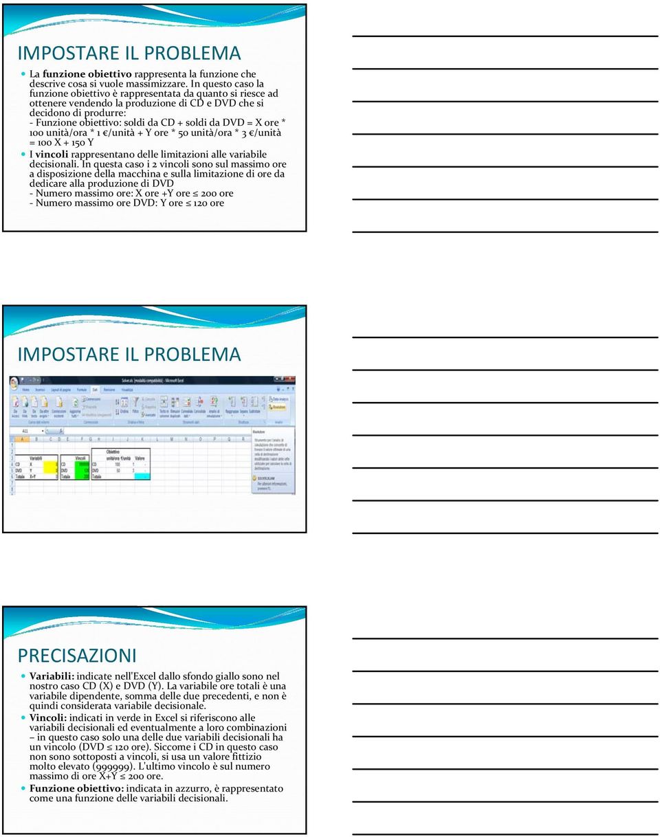 ore * 100 unità/ora * 1 /unità + Y ore * 50 unità/ora * 3 /unità = 100 X + 150 Y I vincoli rappresentano delle limitazioni alle variabile decisionali.