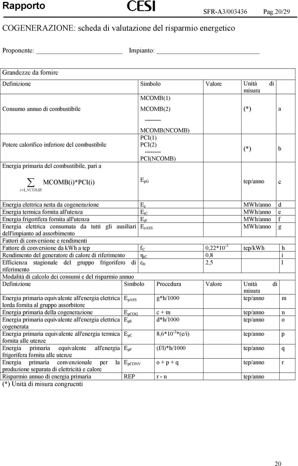 MCOMB(2) (*) a -------- MCOMB(NCOMB) PCI(1) Potere calorifico inferiore del combustibile PCI(2) -------- (*) b PCI(NCOMB) Energia primaria del combustibile, pari a i = 1, NCOMB MCOMB(i)*PCI(i) E pg