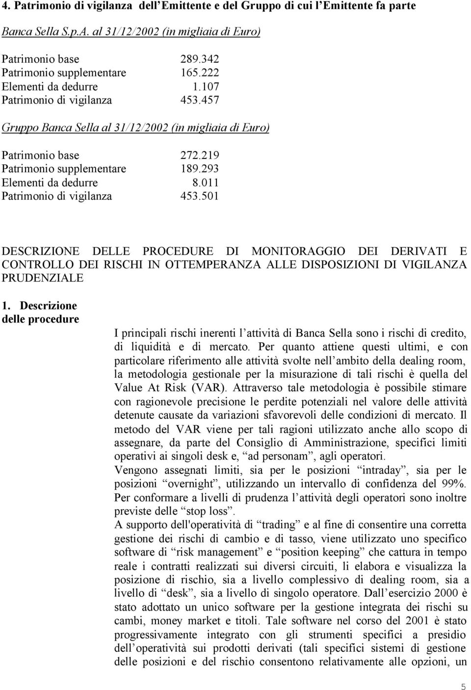 011 Patrimonio di vigilanza 453.501 DESCRIZIONE DELLE PROCEDURE DI MONITORAGGIO DEI DERIVATI E CONTROLLO DEI RISCHI IN OTTEMPERANZA ALLE DISPOSIZIONI DI VIGILANZA PRUDENZIALE 1.