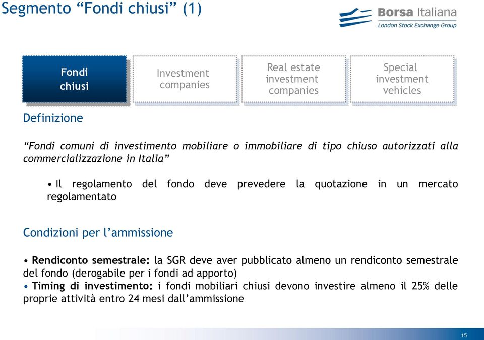 un mercato regolamentato Condizioni per l ammissione Rendiconto semestrale: la SGR deve aver pubblicato almeno un rendiconto semestrale del fondo