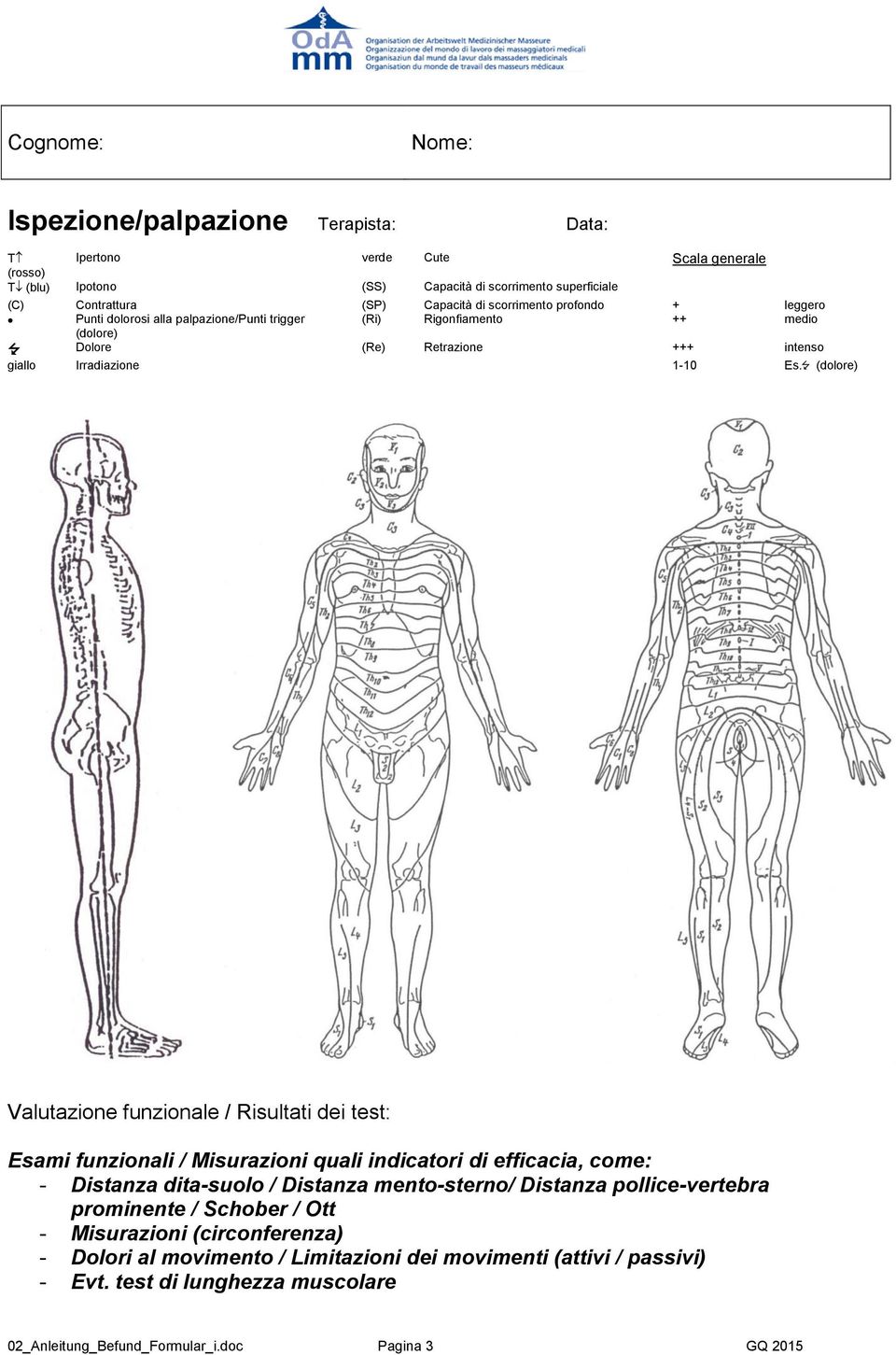 (dolore) Valutazione funzionale / Risultati dei test: Esami funzionali / Misurazioni quali indicatori di efficacia, come: - Distanza dita-suolo / Distanza mento-sterno/ Distanza