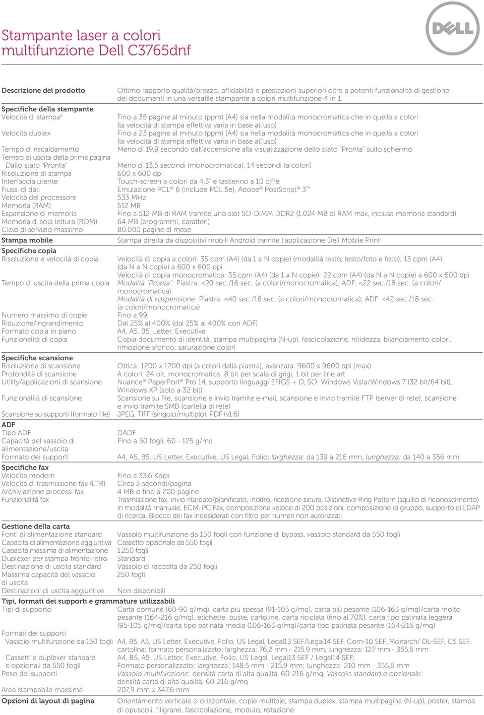 Specifiche della stampante Velocità di stampa 2 Fino a 35 pagine al minuto (ppm) (A4) sia nella modalità monocromatica che in quella a colori (la velocità di stampa effettiva varia in base all'uso)