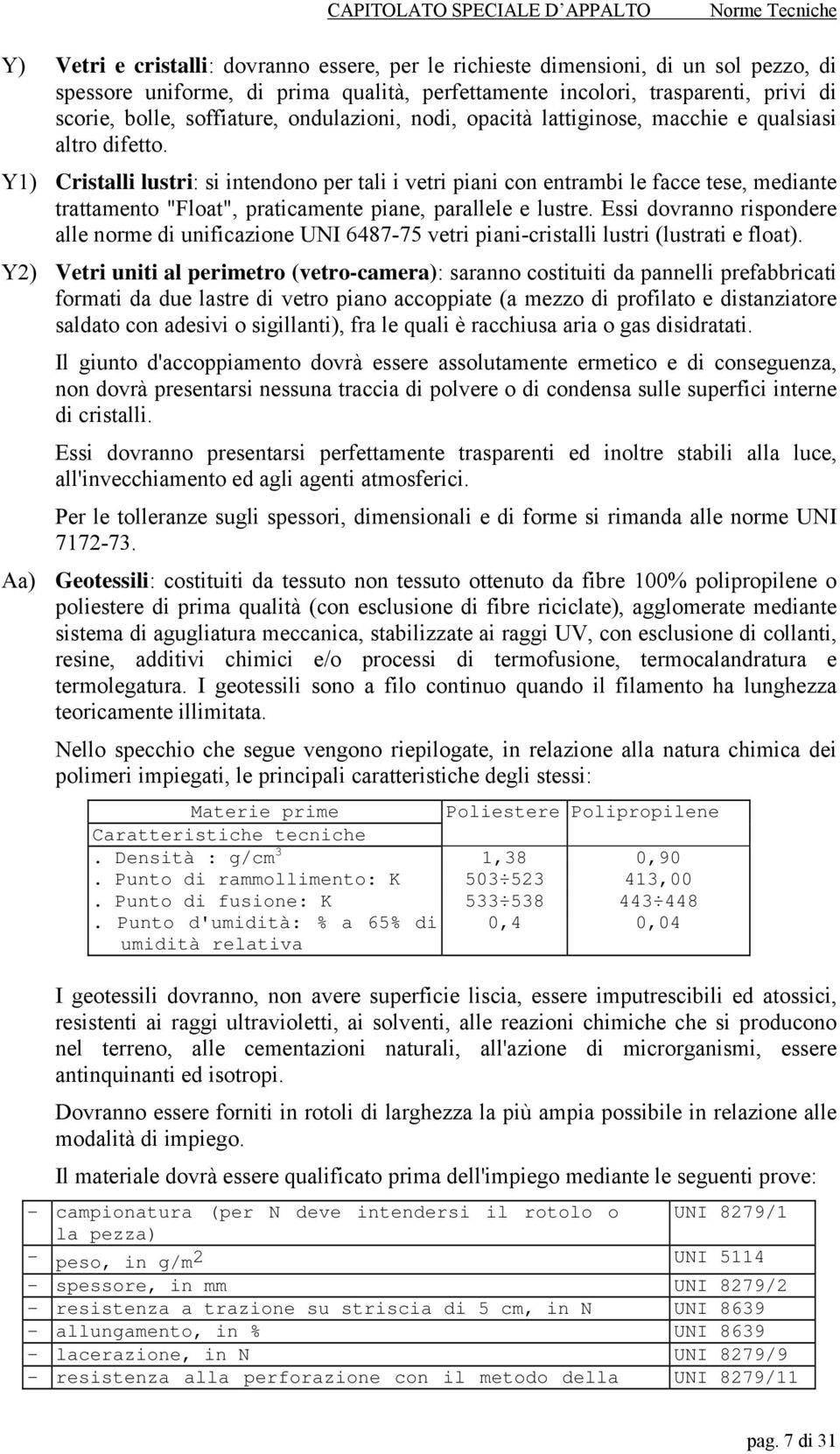 Y1) Cristalli lustri: si intendono per tali i vetri piani con entrambi le facce tese, mediante trattamento "Float", praticamente piane, parallele e lustre.